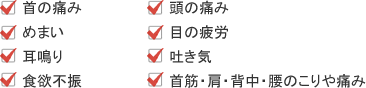 首の痛み　めまい　耳鳴り　食欲不振　頭の痛み　目の疲労　吐き気　首筋・肩・背中・腰のこりや痛み